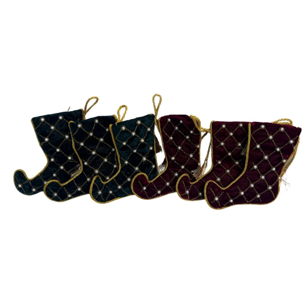 Christmas Tree Ornaments Set of 6 Pearl Studded Stockings Holiday Green & Red